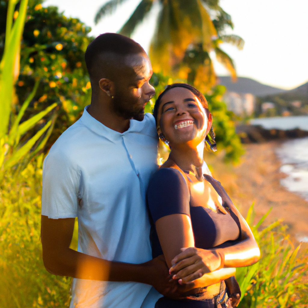 Portrait minimaliste sur la plage en Martinique au coucher du soleil avec lumière dorée et mer tropicale